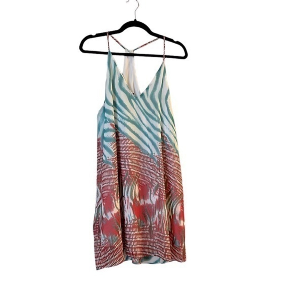 Three Eighty Two fully lined halter trapeze dress sundress, aqua white orange